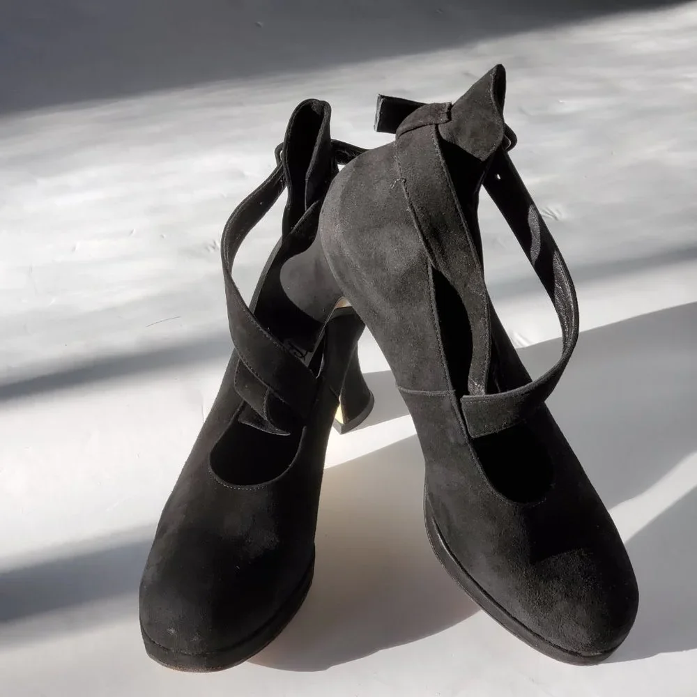 Classic Black Suede Crisscross Strap Heels